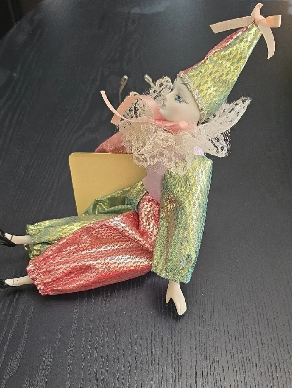 Porcelain Clown Doll in Pink, Green and Gold Harlequin Costume